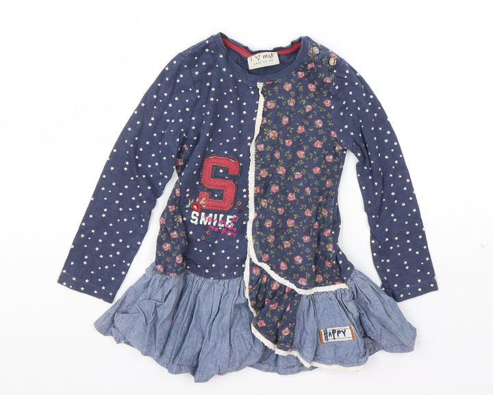 NEXT Girls Blue Geometric Cotton T-Shirt Dress Size 18-24 Months Round Neck Pullover - Smile
