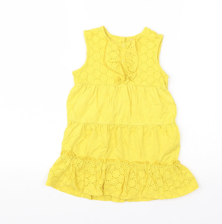 Mini Club Girls Yellow Cotton T-Shirt Dress Size 18-24 Months Round Neck Pullover
