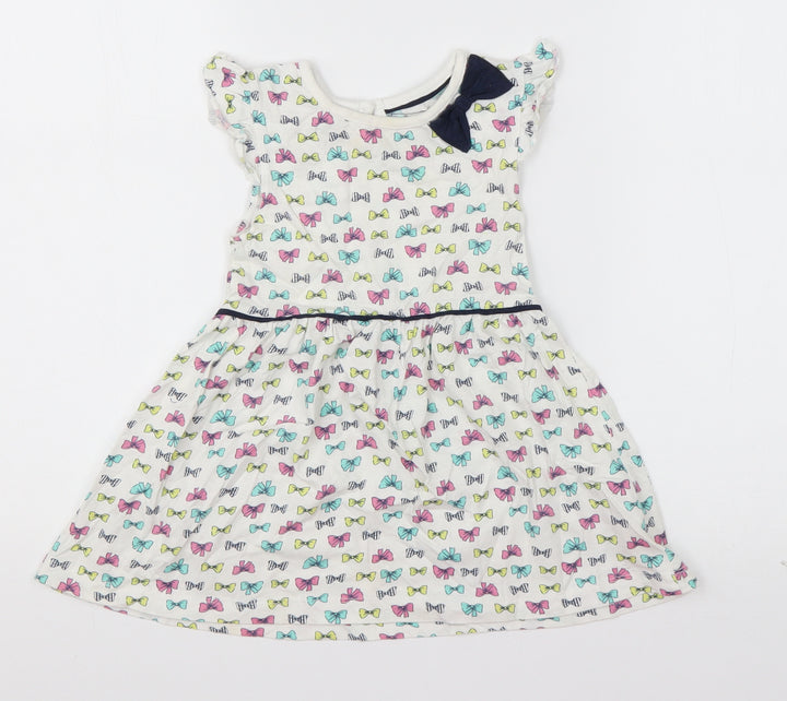 Young Dimension Girls White Geometric Cotton T-Shirt Dress  Size 18-24 Months  Roll Neck Pullover