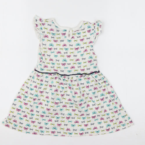 Young Dimension Girls White Geometric Cotton T-Shirt Dress  Size 18-24 Months  Roll Neck Pullover