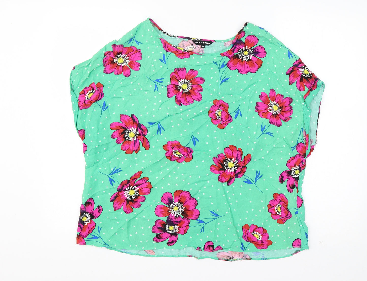 Peacocks Womens Green Floral Viscose Basic T-Shirt Size 16 Boat Neck