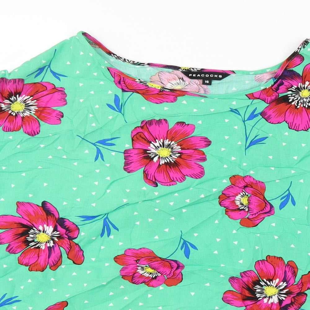 Peacocks Womens Green Floral Viscose Basic T-Shirt Size 16 Boat Neck
