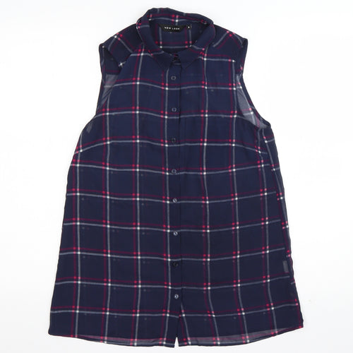 New Look Womens Blue Check Polyester Basic Button-Up Size 8 Collared