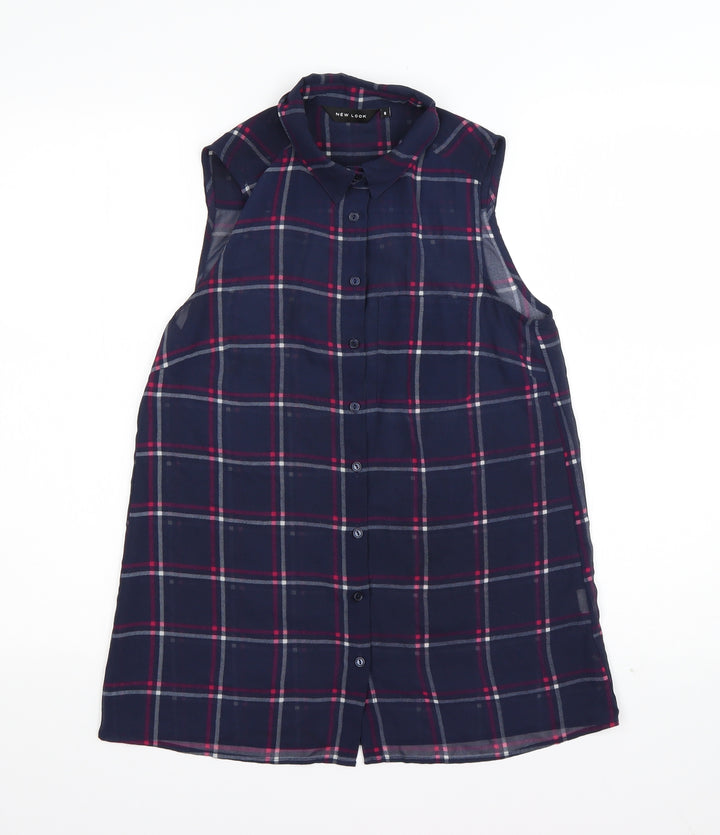 New Look Womens Blue Check Polyester Basic Button-Up Size 8 Collared