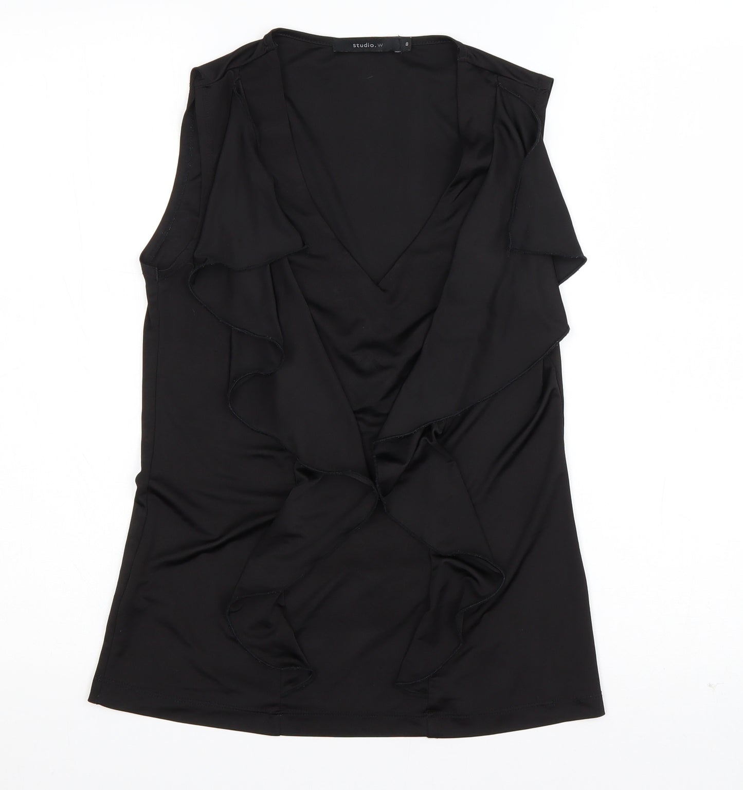 Studio.W Womens Black  Polyester Basic Tank Size 8 Round Neck - Ruffled