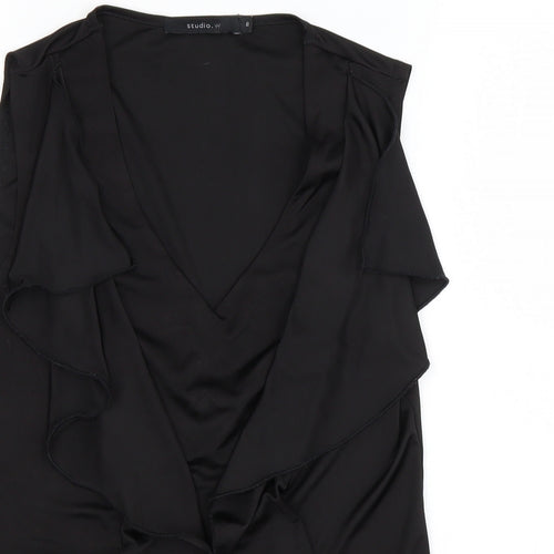Studio.W Womens Black  Polyester Basic Tank Size 8 Round Neck - Ruffled
