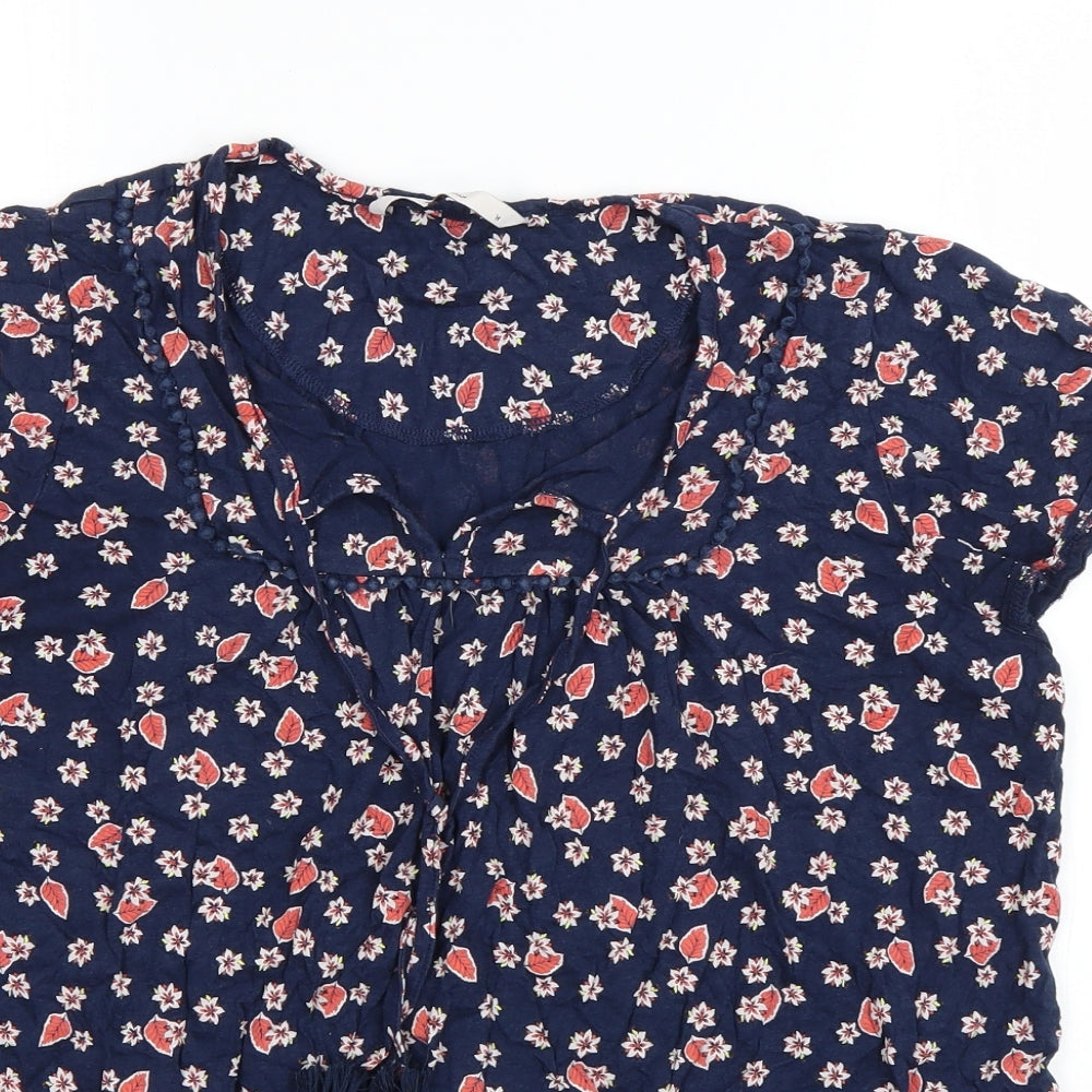 TU Womens Blue Floral Cotton Basic T-Shirt Size 14 Scoop Neck