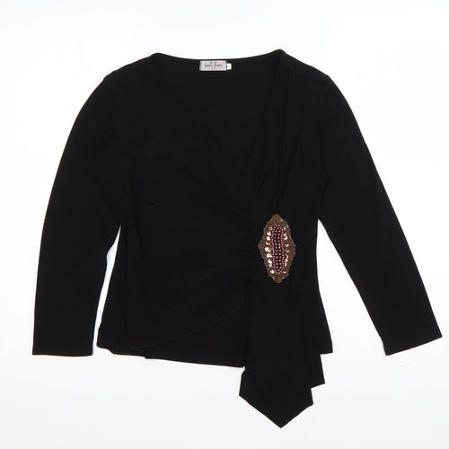 Paris Paris Womens Black  Polyester Basic T-Shirt Size S V-Neck - Embellished