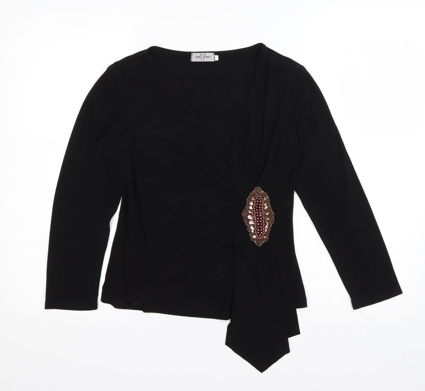 Paris Paris Womens Black  Polyester Basic T-Shirt Size S V-Neck - Embellished