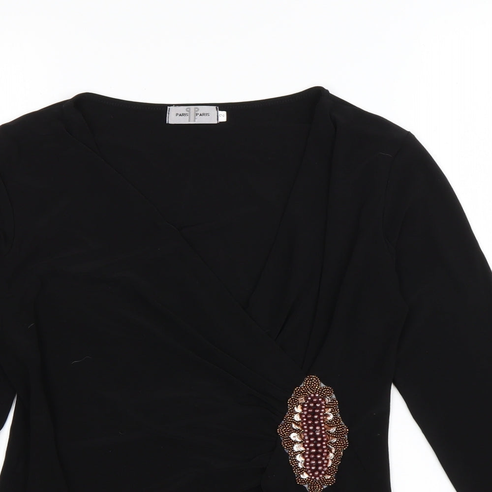Paris Paris Womens Black  Polyester Basic T-Shirt Size S V-Neck - Embellished