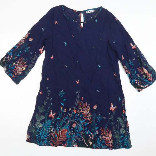 L.B.C. Womens Blue Floral Viscose A-Line  Size M  Round Neck Button