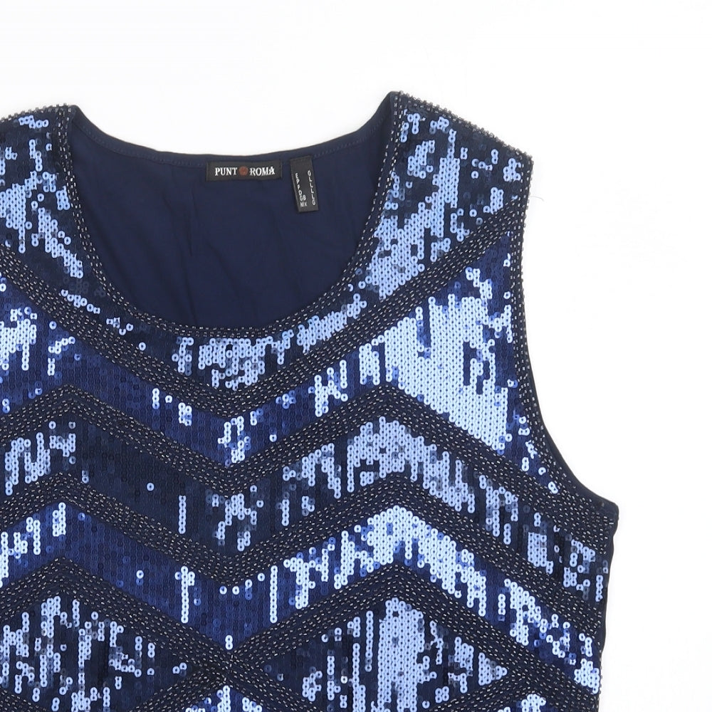 Punt Roma Womens Blue Striped Cotton Basic Blouse Size L Round Neck