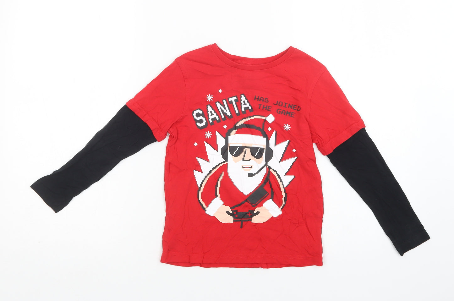 George Boys Red  Cotton Basic T-Shirt Size 5-6 Years Crew Neck  - Santa
