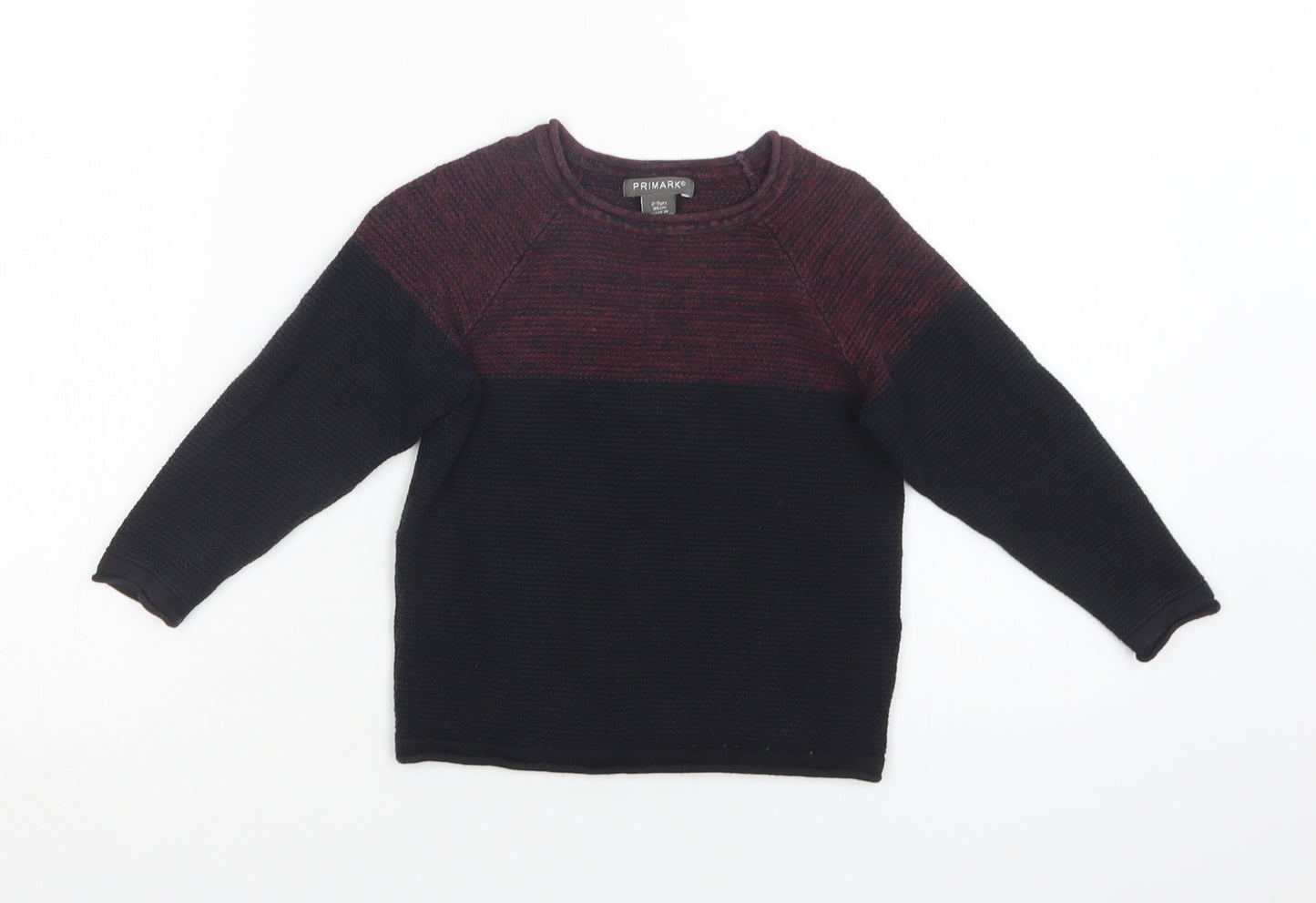 Primark Boys Black Crew Neck Colourblock Cotton Pullover Jumper Size 2-3 Years