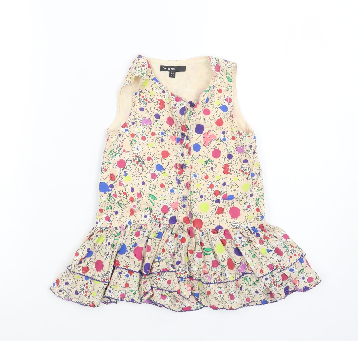 M&S Girls Beige Floral Cotton A-Line  Size 4-5 Years  Round Neck Button