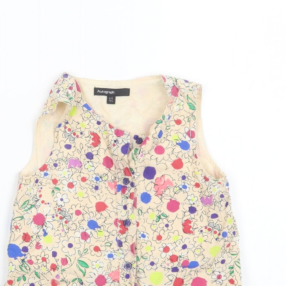 M&S Girls Beige Floral Cotton A-Line  Size 4-5 Years  Round Neck Button