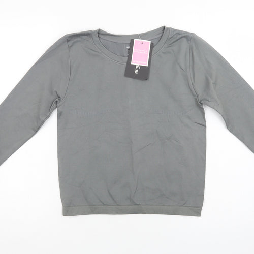 PRETTYLITTLETHING Womens Grey Striped Polyamide Cropped T-Shirt Size L Crew Neck
