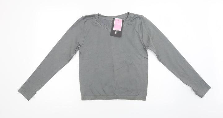 PRETTYLITTLETHING Womens Grey Striped Polyamide Cropped T-Shirt Size L Crew Neck