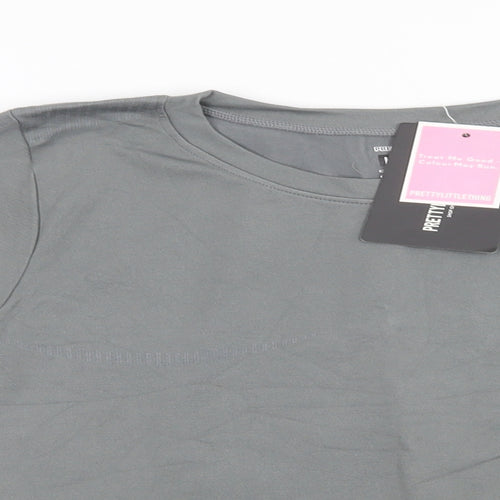 PRETTYLITTLETHING Womens Grey Striped Polyamide Cropped T-Shirt Size L Crew Neck