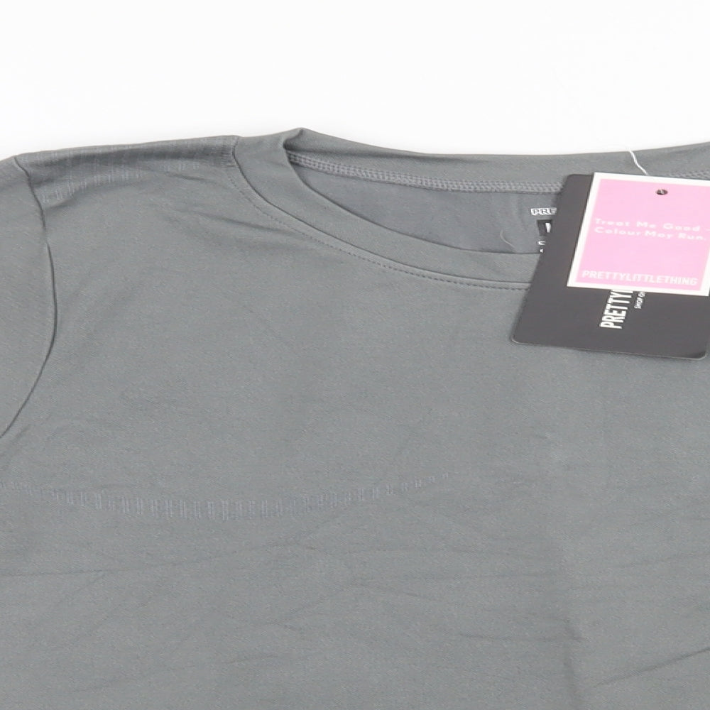 PRETTYLITTLETHING Womens Grey Striped Polyamide Cropped T-Shirt Size L Crew Neck