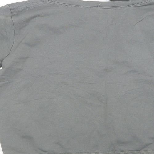 PRETTYLITTLETHING Womens Grey Striped Polyamide Cropped T-Shirt Size L Crew Neck