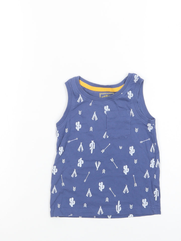 F&F Boys Blue Geometric Cotton Basic Tank Size 2-3 Years Crew Neck