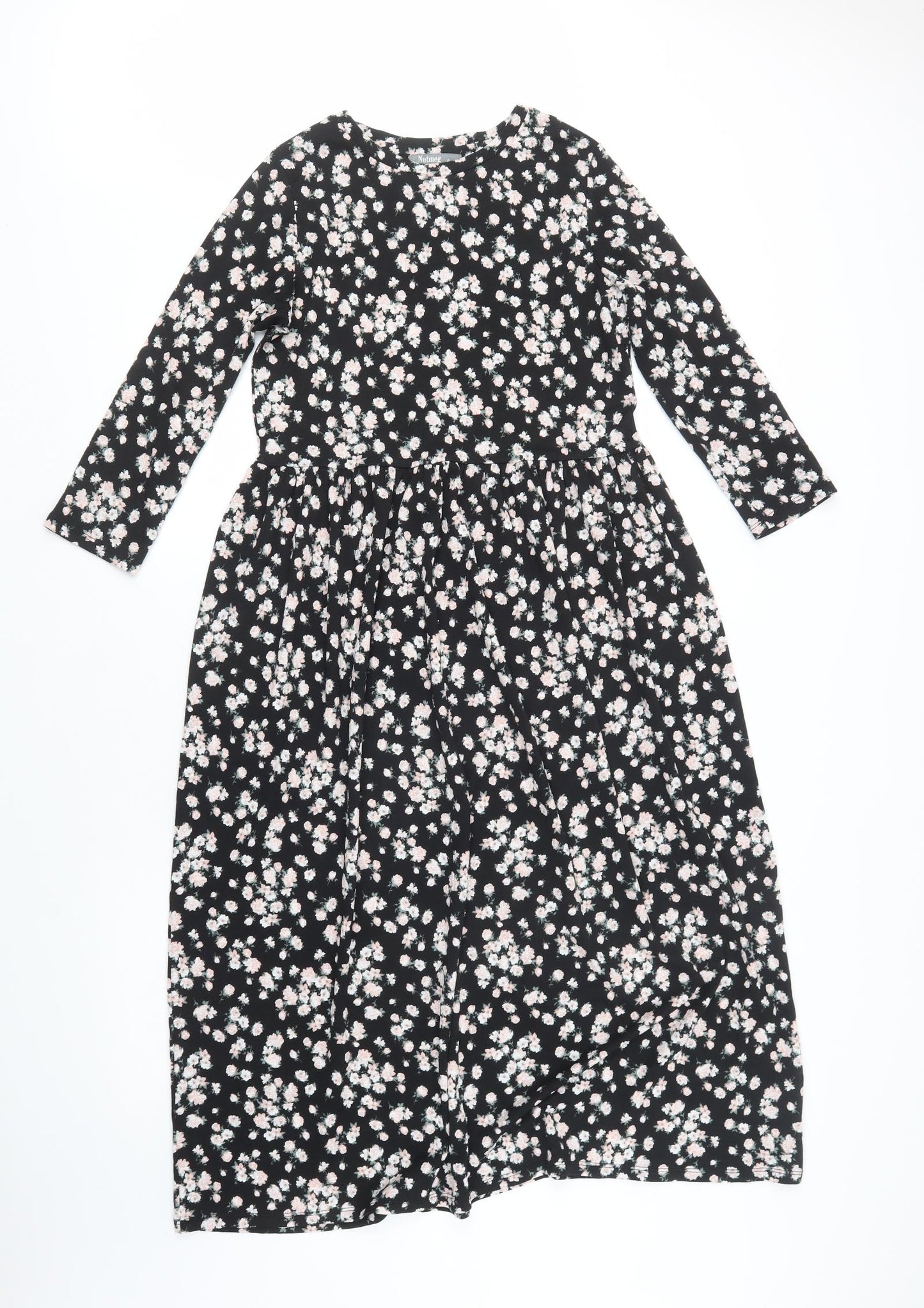 Nutmeg Womens Black Floral Polyester A-Line  Size 8  Crew Neck