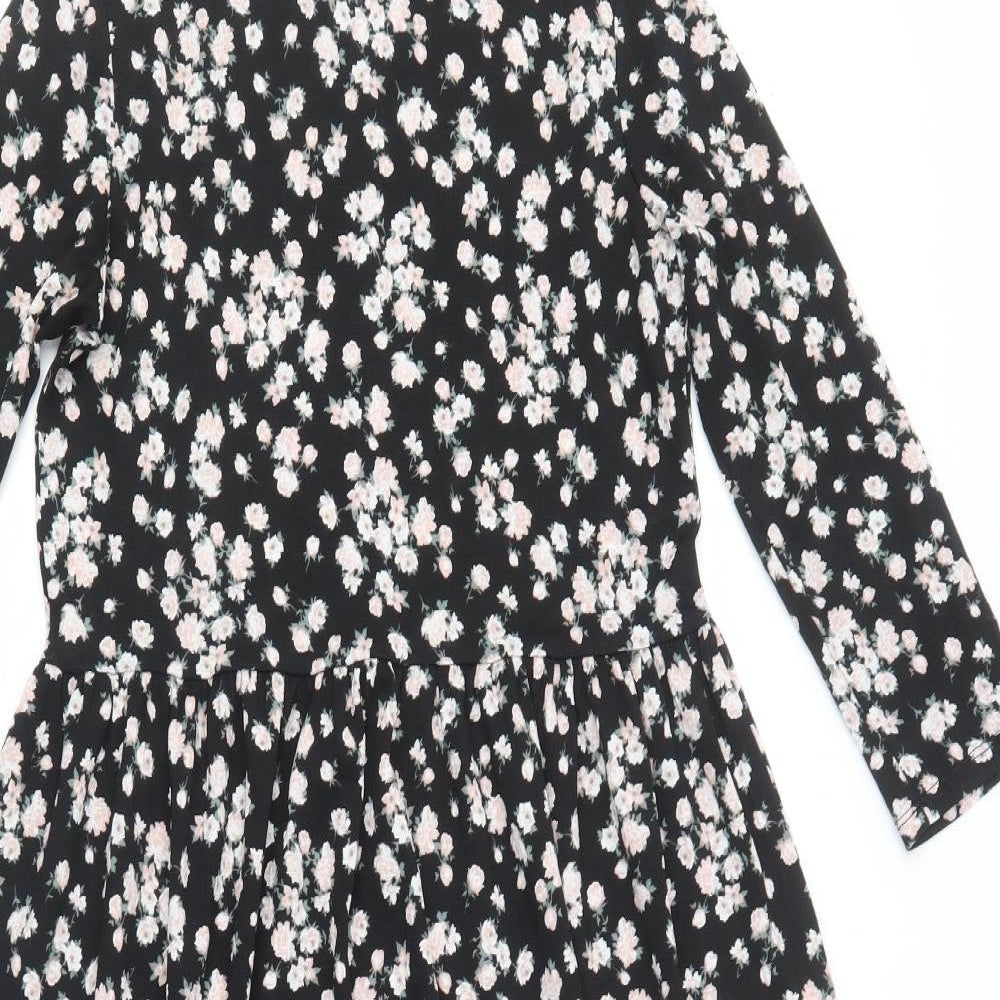 Nutmeg Womens Black Floral Polyester A-Line  Size 8  Crew Neck