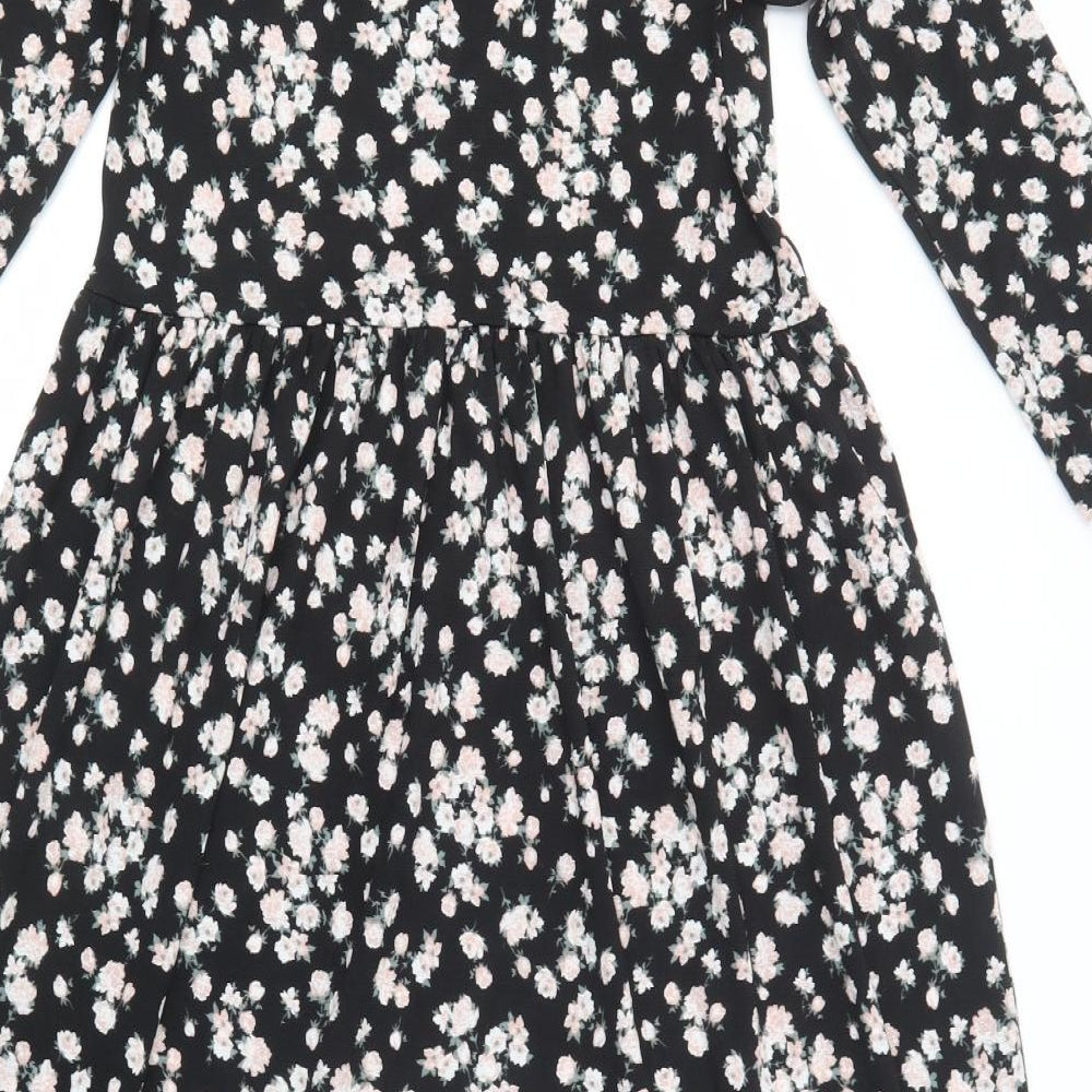 Nutmeg Womens Black Floral Polyester A-Line  Size 8  Crew Neck