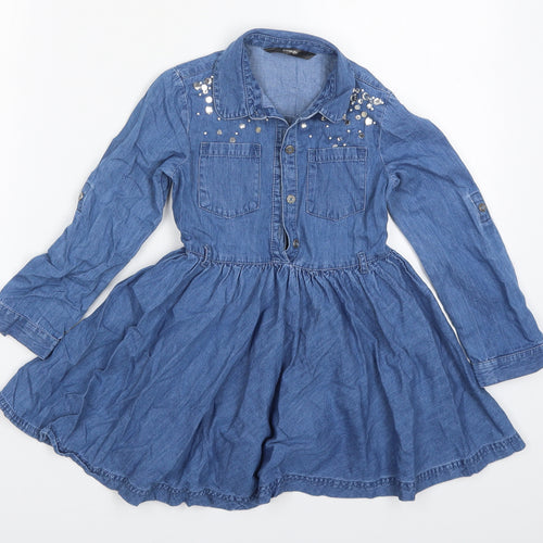George Girls Blue  Cotton Skater Dress  Size 4-5 Years  Collared Button