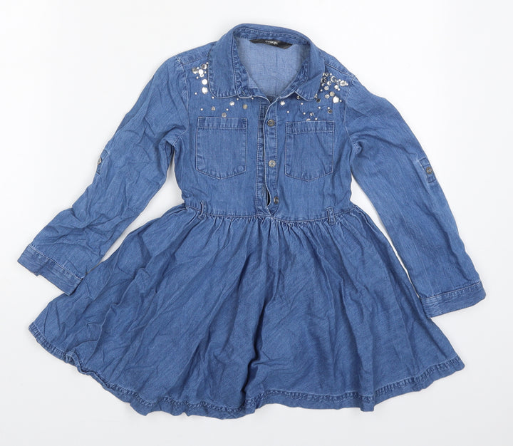 George Girls Blue Cotton Skater Dress Size 4-5 Years Collared Button