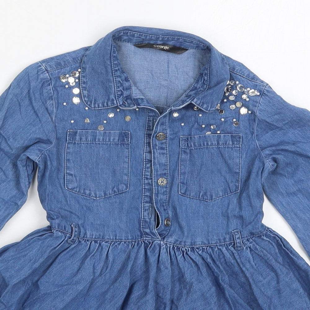 George Girls Blue  Cotton Skater Dress  Size 4-5 Years  Collared Button