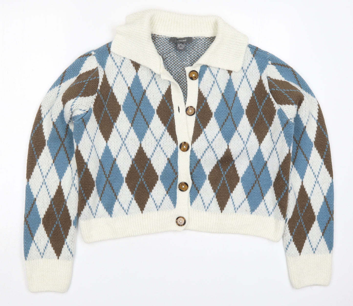 Primark Womens Multicoloured Collared Argyle/Diamond Acrylic Cardigan Jumper Size 12