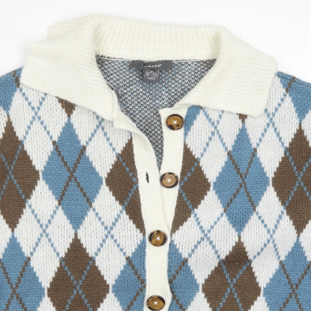 Primark Womens Multicoloured Collared Argyle/Diamond Acrylic Cardigan Jumper Size 12