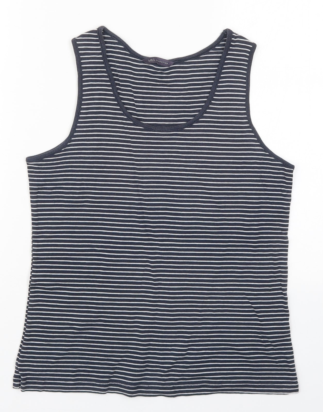 Marks and Spencer Womens Blue Striped Cotton Basic Tank Size 16 Round Neck