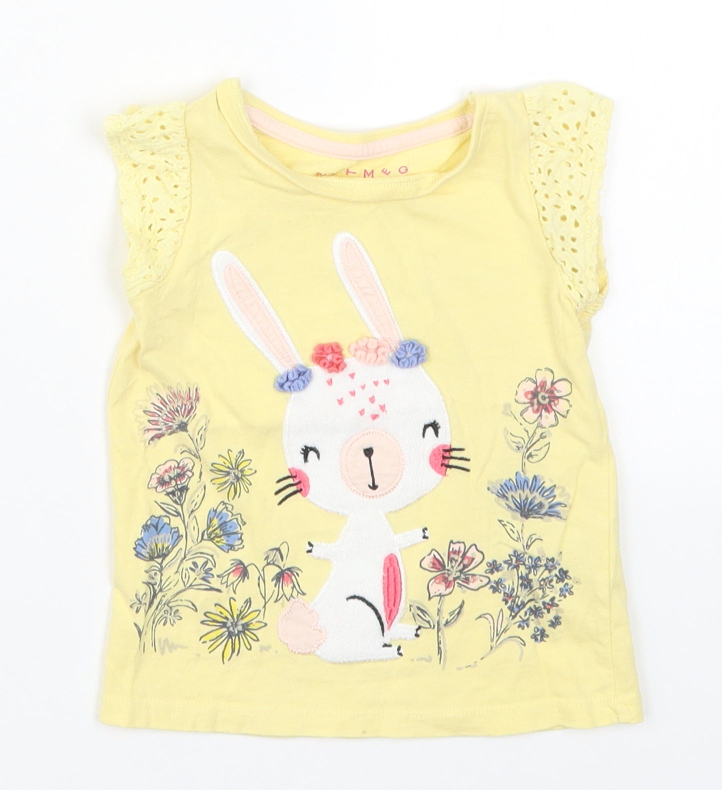 Nutmeg Girls Yellow  Cotton Basic T-Shirt Size 12-18 Months Round Neck Pullover - Rabbit