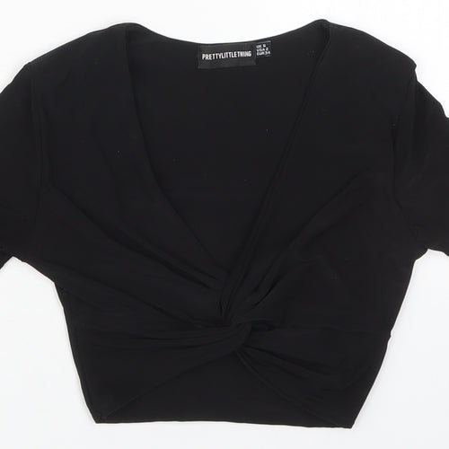PRETTYLITTLETHING Womens Black  Polyester Cropped T-Shirt Size 6 V-Neck