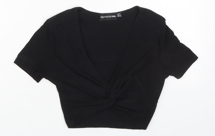 PRETTYLITTLETHING Womens Black Polyester Cropped T-Shirt Size 6 V-Neck