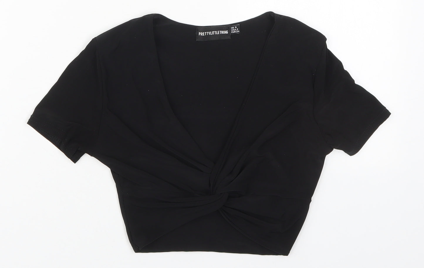 PRETTYLITTLETHING Womens Black  Polyester Cropped T-Shirt Size 6 V-Neck