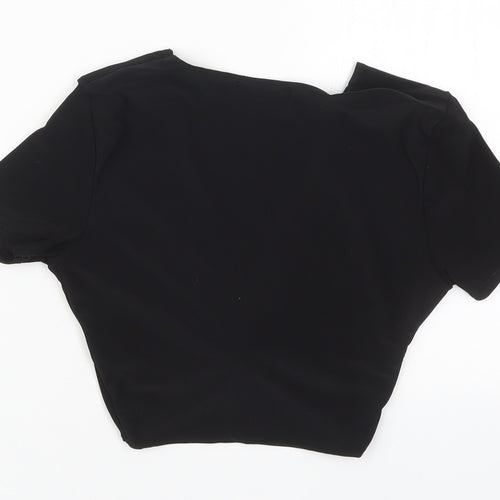 PRETTYLITTLETHING Womens Black  Polyester Cropped T-Shirt Size 6 V-Neck