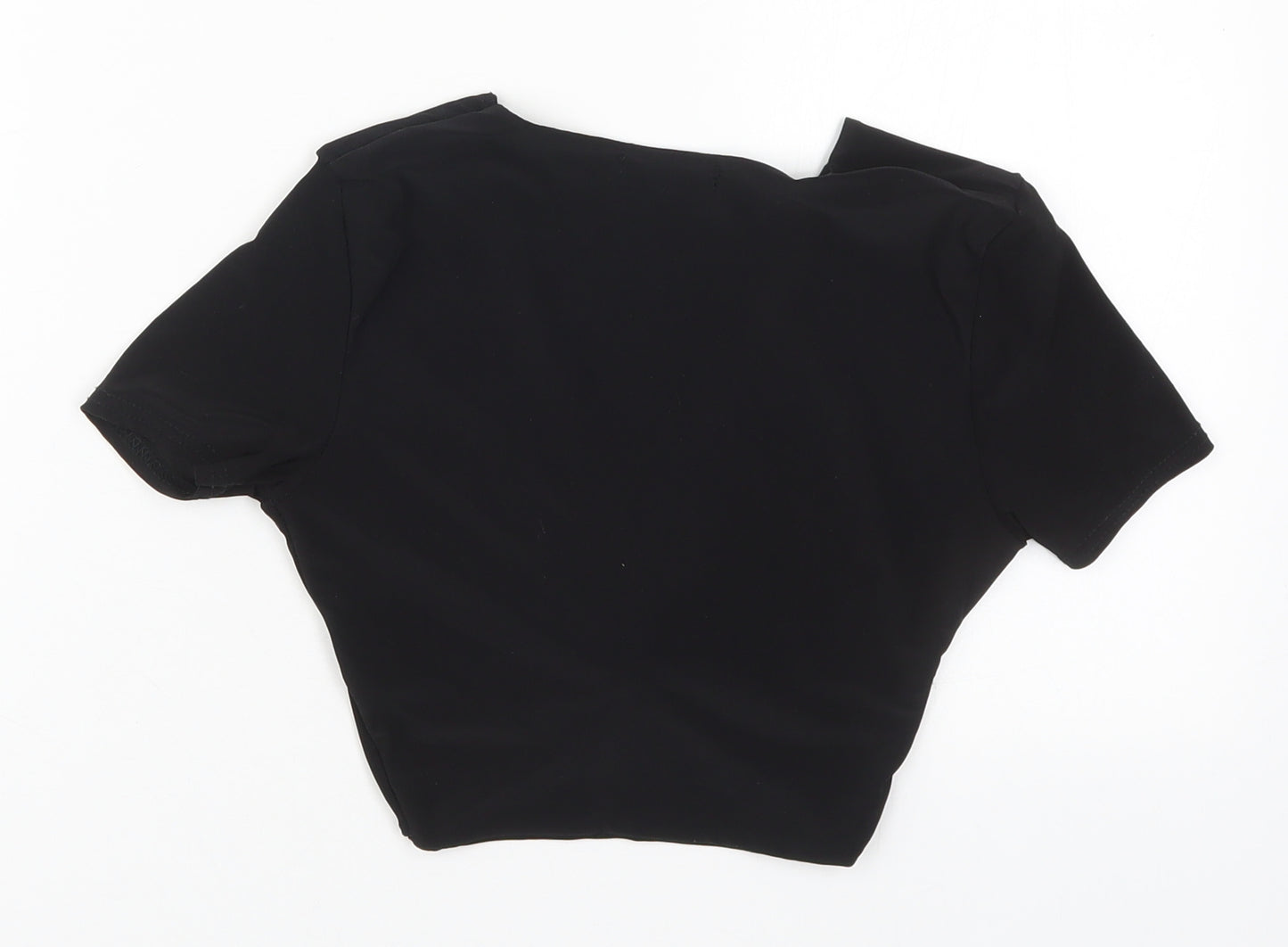 PRETTYLITTLETHING Womens Black  Polyester Cropped T-Shirt Size 6 V-Neck