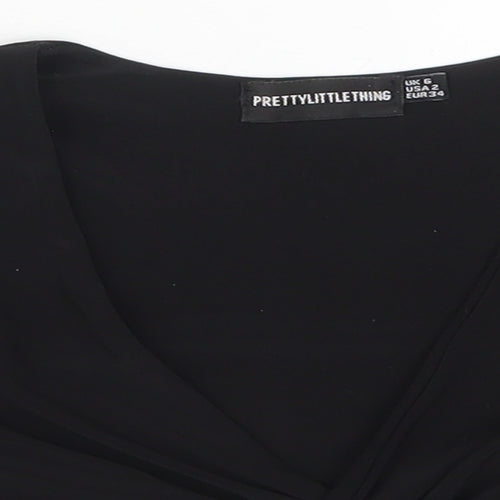 PRETTYLITTLETHING Womens Black  Polyester Cropped T-Shirt Size 6 V-Neck