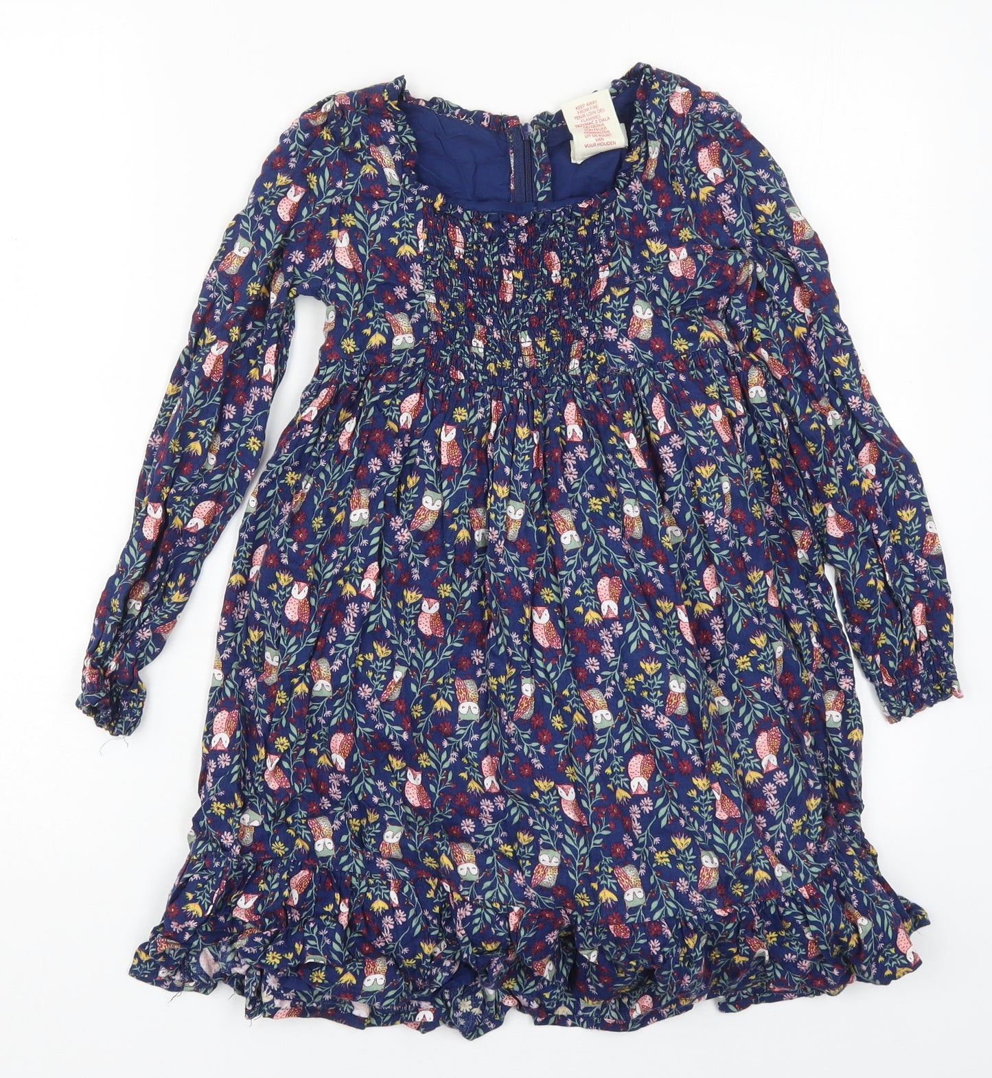 The Prairie Girls Blue Floral Viscose Trapeze & Swing  Size 6-7 Years  Round Neck Zip - Owls