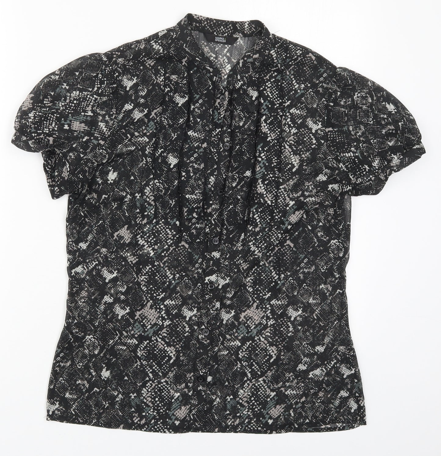 Marks and Spencer Womens Black Animal Print Polyester Basic Button-Up Size 12 Round Neck