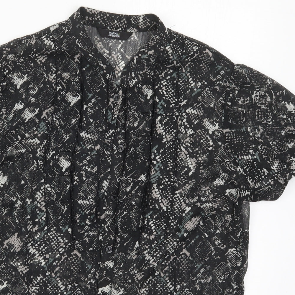 Marks and Spencer Womens Black Animal Print Polyester Basic Button-Up Size 12 Round Neck