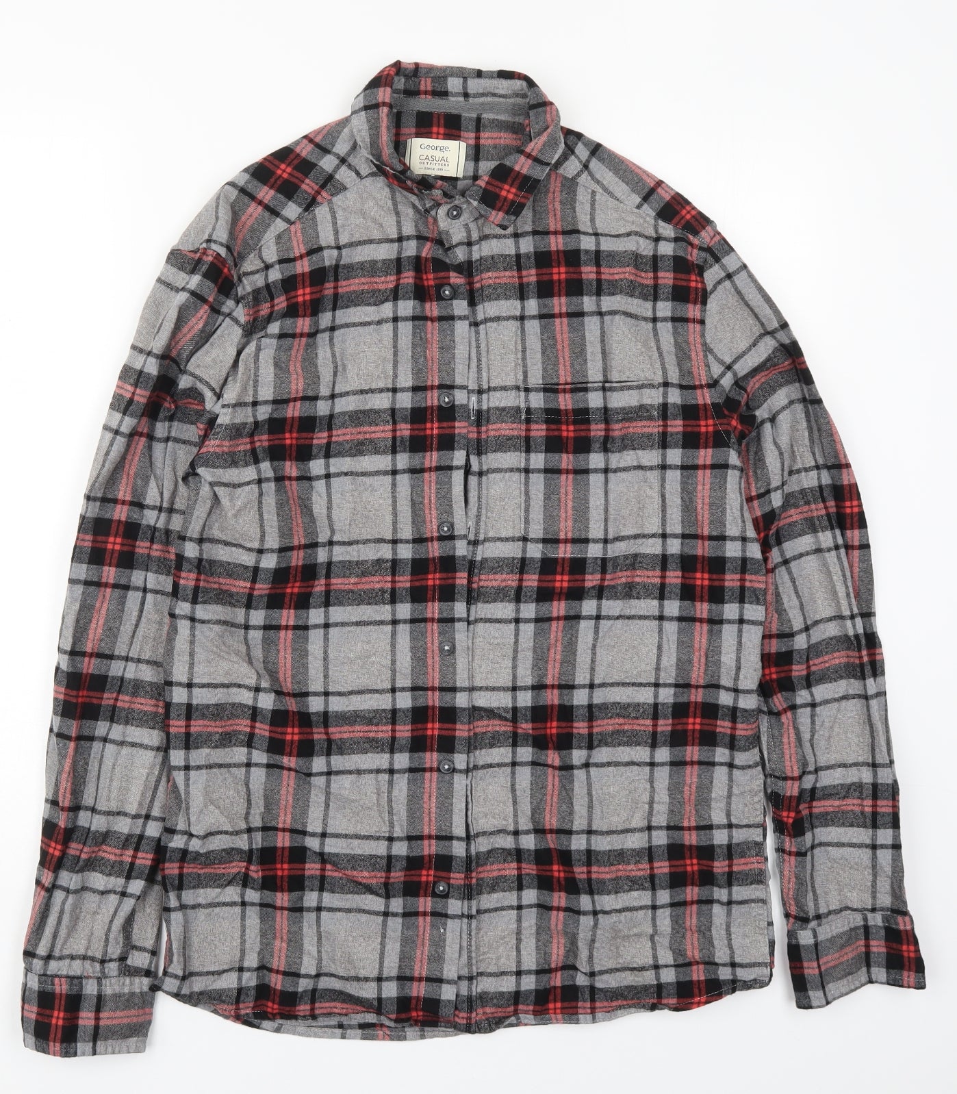 George Mens Grey Check Cotton  Button-Up Size S Collared Button - Red