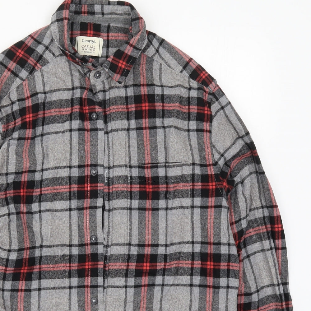 George Mens Grey Check Cotton  Button-Up Size S Collared Button - Red