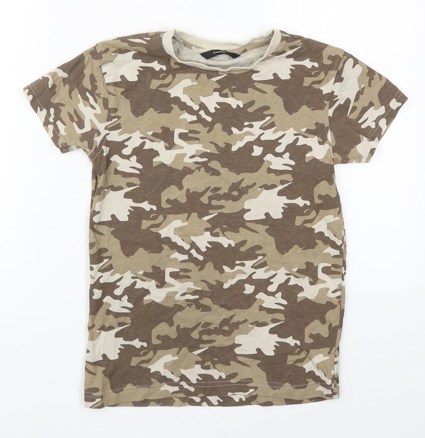 George Boys Brown Camouflage Cotton Basic T-Shirt Size 8-9 Years Crew Neck Pullover