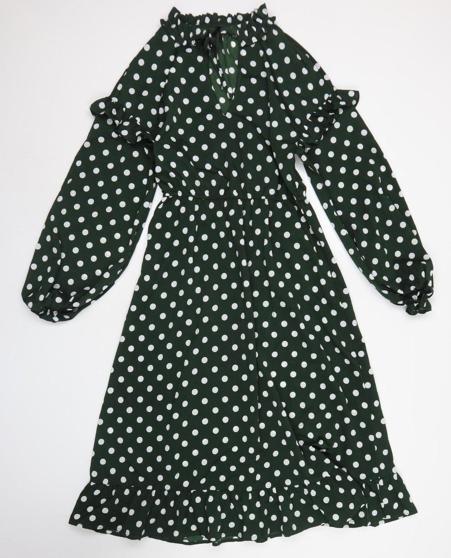 Elli White Womens Green Polka Dot Polyester Fit & Flare  Size S  Round Neck Tie