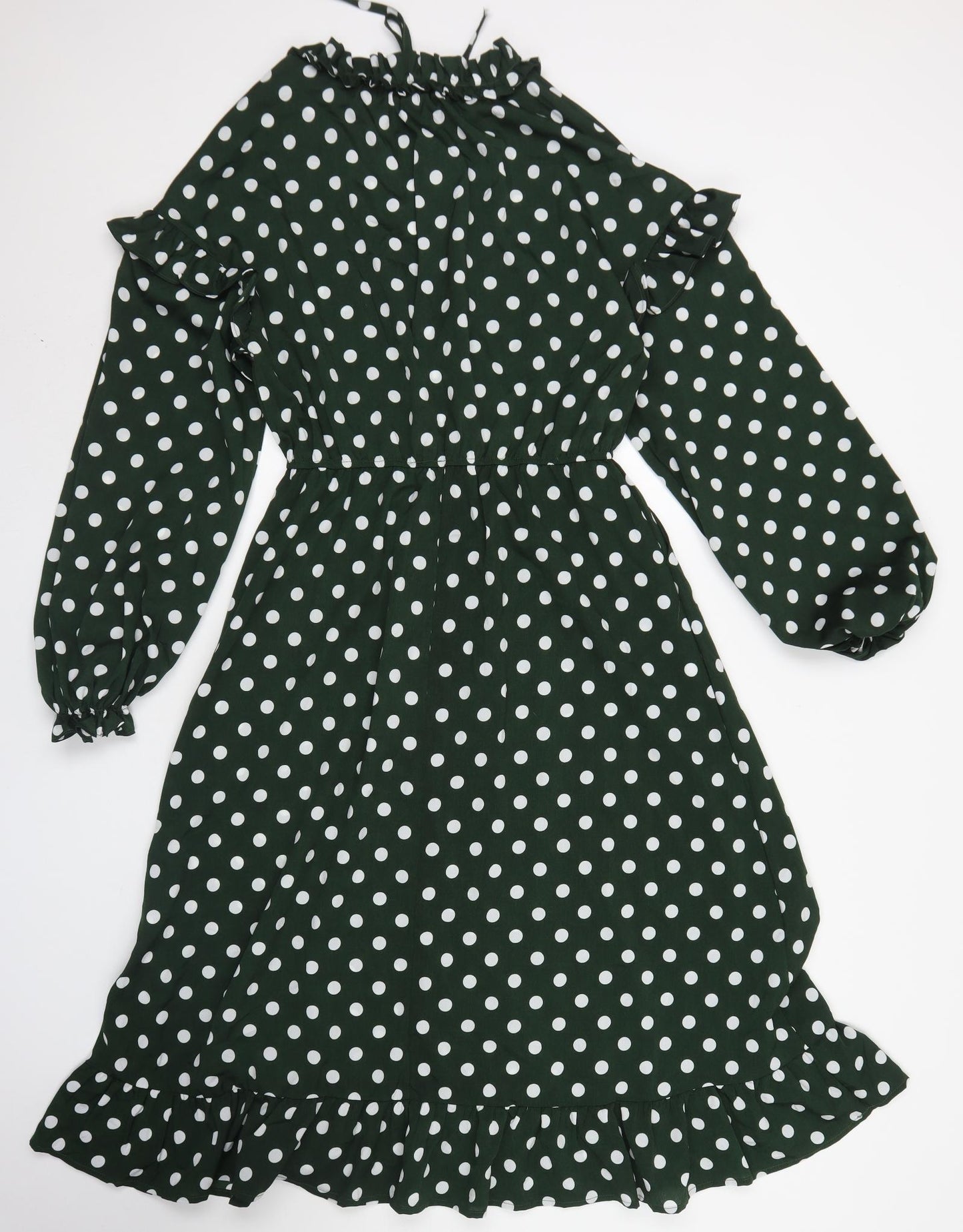 Elli White Womens Green Polka Dot Polyester Fit & Flare  Size S  Round Neck Tie